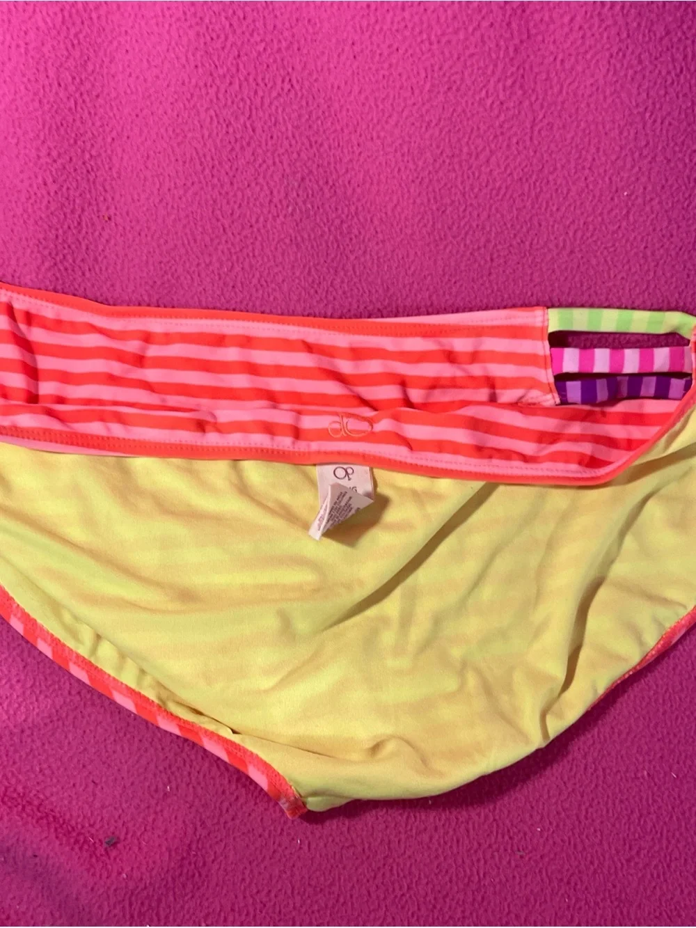 OP Bright Coral Pink and Yellow Striped Kids Swim Trunks